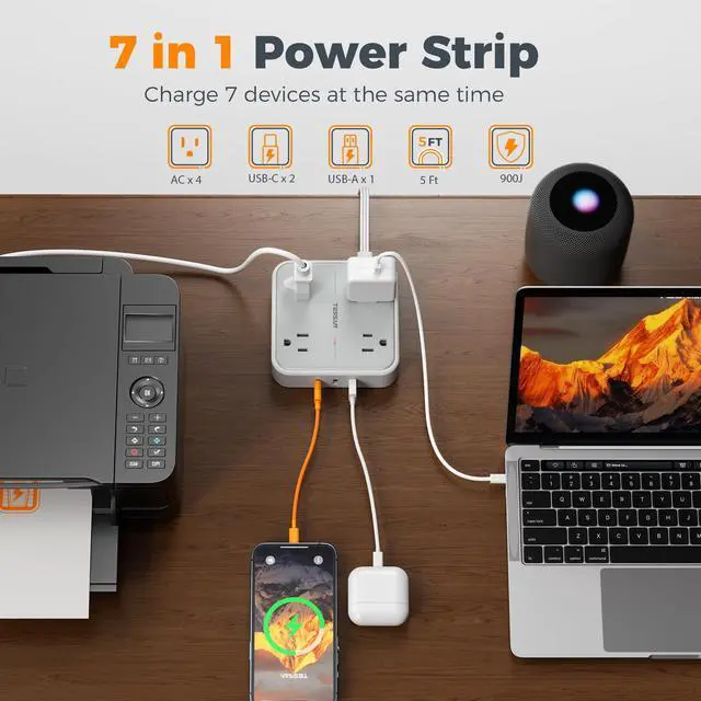 Alt view image 2 of 7 - TESSAN Surge Protector Flat Extension Cord 5Ft, Flat Plug Power Strip | 4 Outlets 3 USB Ports (2 USB C), 900 Joules Protection, Multiple Wall Outlet Extender Suitable for Home Office Dorm, Grey