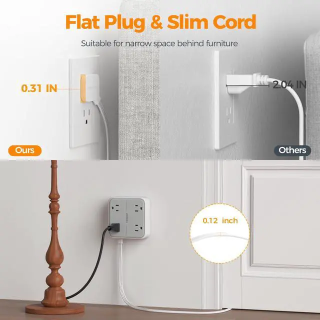 Alt view image 6 of 7 - TESSAN Surge Protector Flat Extension Cord 5Ft, Flat Plug Power Strip | 4 Outlets 3 USB Ports (2 USB C), 900 Joules Protection, Multiple Wall Outlet Extender Suitable for Home Office Dorm, Grey