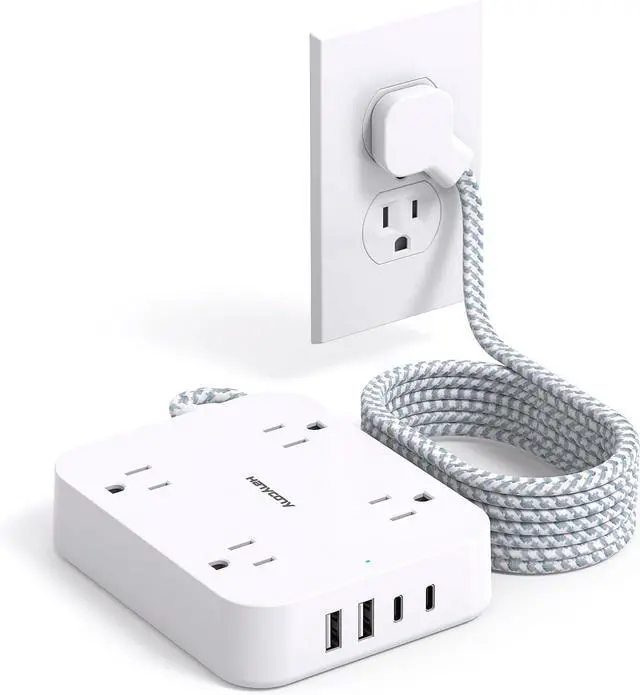 Main image of 10 Ft Extension Cord, Flat Power Strip with 4 Outlets 4 USB Ports (2 USB C) | Ultra Thin Flat Plug, Wall Mount, Multi Plug Outlet Extender Desk Charging Station for Office Travel Dorm Room Essentials