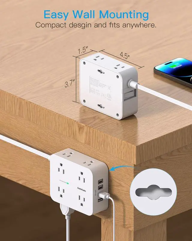 Alt view image 7 of 7 - 15 Ft Long Extension Cord with Multiple Outlets, Flat Plug Power Strip | Surge Protector, 1080J, 8 Outlets 4 USB Ports(2 USB C), Desk Outlet Extender, Wall Mount, Home Office Dorm Room Essentials