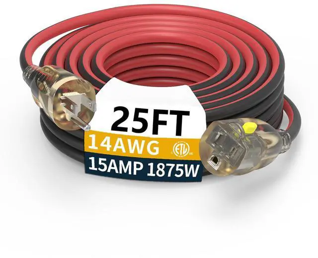 Main image of 25ft 14/3 Medium Duty LED Lighted Locking Plug Outdoor Extension Cord ETL | pure copper SJEOW waterproof -58°F to 221°F, 15A 1875W, lawn care, woodworking, generator, garage, outdoor use