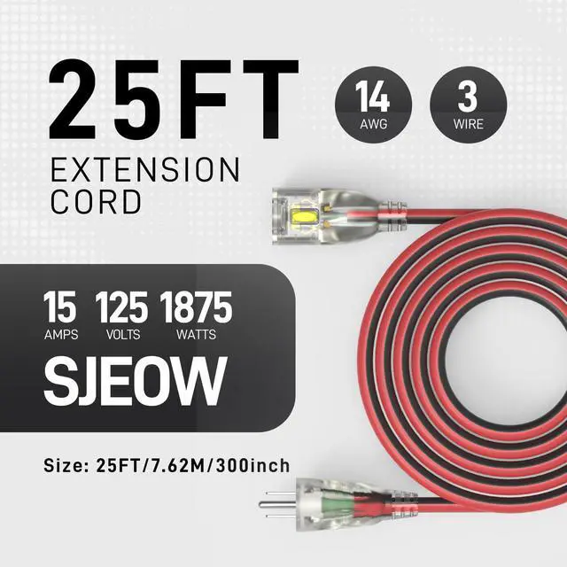 Alt view image 2 of 7 - 25ft 14/3 Medium Duty LED Lighted Locking Plug Outdoor Extension Cord ETL | pure copper SJEOW waterproof -58°F to 221°F, 15A 1875W, lawn care, woodworking, generator, garage, outdoor use