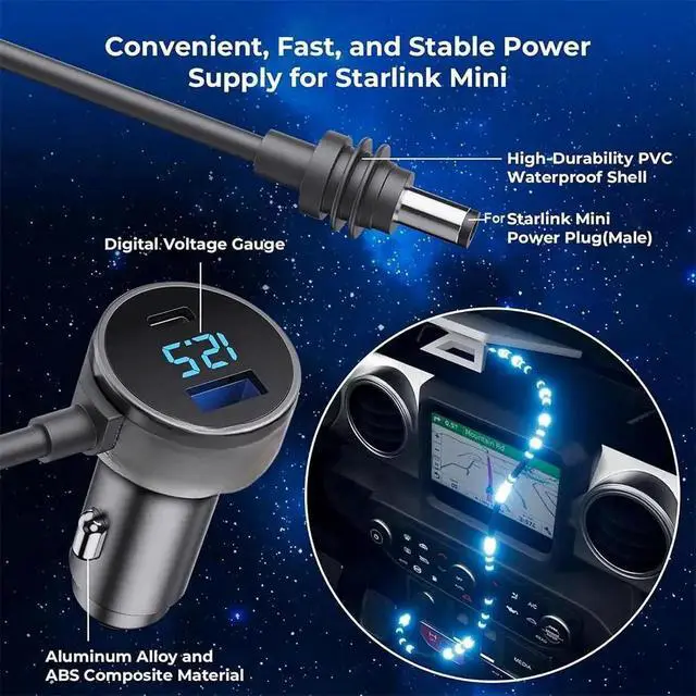 Alt view image 2 of 7 - Lotusland Starlink Mini Cable, 3-in-1 Starlink Mini Car Charger DC Power Cable with Digital Voltage Display,10FT Dedicated 12V48V Adapter with USB-C PD 40W & USB-A 35W Ports for Cars Trucks RVs