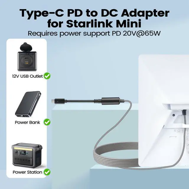 Alt view image 2 of 7 - RVSPARK USB C to DC Adapter for Starlink Mini, Type C Male with Green LED Indicator to DC 5521 Female Power Cord Connector,Starlink Mini Accessories Compatible with USB-C PD 65W/100W/140W