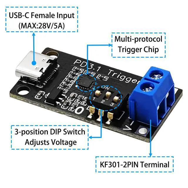Alt view image 2 of 5 - USB C PD Trigger Board, Type-C PD3.0/3.1 QC Decoy Module, 5V 9V 12V 15V 20V 28V Adjustable Voltage Fast Charge Power Trigger, 140W 5A USB-C Female Input (1-Pack)