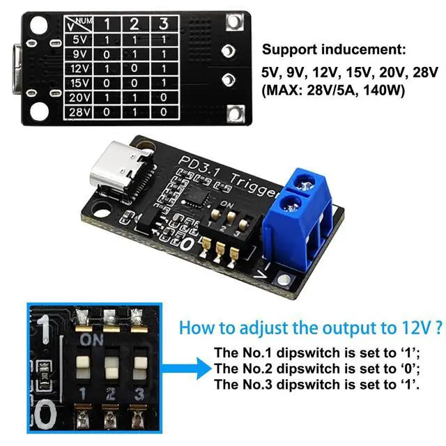 Alt view image 3 of 5 - USB C PD Trigger Board, Type-C PD3.0/3.1 QC Decoy Module, 5V 9V 12V 15V 20V 28V Adjustable Voltage Fast Charge Power Trigger, 140W 5A USB-C Female Input (1-Pack)