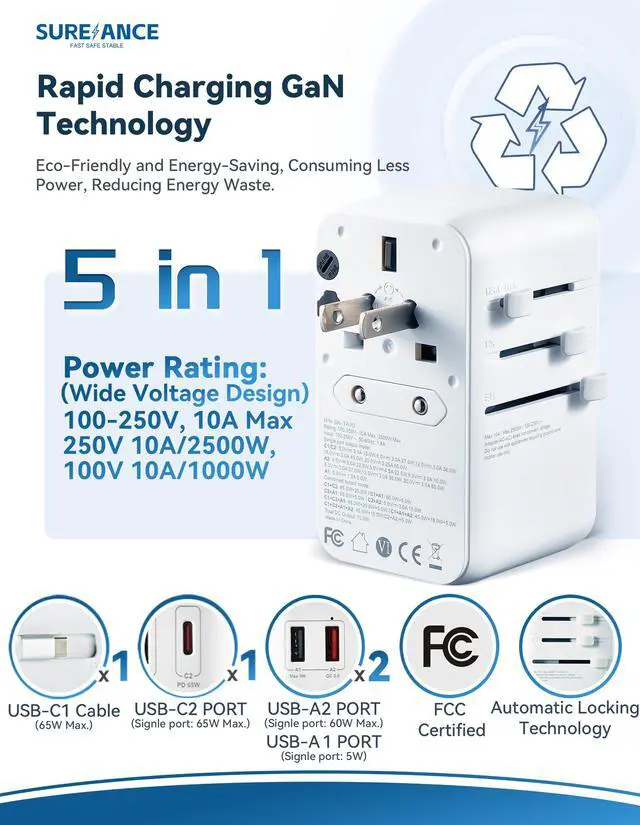 Alt view image 3 of 7 - Sureance 70W Universal Travel Adapter, Plug Adapter with One 65W Fast Charging USB C Cable, 1XUSB-C PD & 2XUSB-A QC, Best Gift Travel Essentials with Type A, C, G, I,J,D Outputs for Europe, Spain