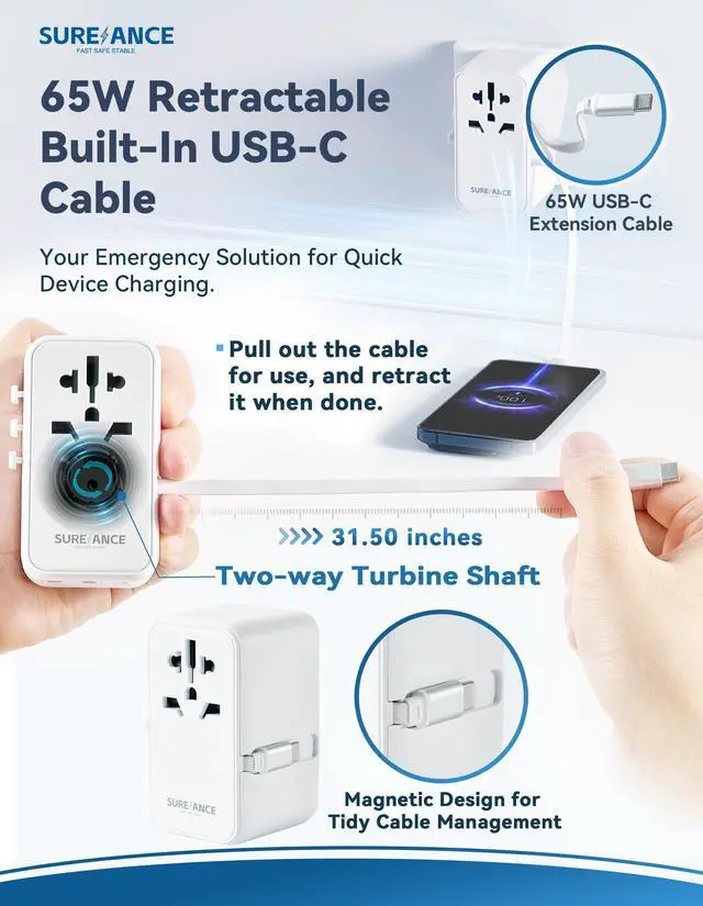 Alt view image 5 of 7 - Sureance 70W Universal Travel Adapter, Plug Adapter with One 65W Fast Charging USB C Cable, 1XUSB-C PD & 2XUSB-A QC, Best Gift Travel Essentials with Type A, C, G, I,J,D Outputs for Europe, Spain