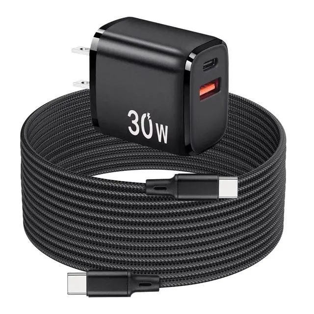 Main image of PD30W USB C Fast Charger for Meta Quest 3S, 3, 2 VR Headsets, Black | Dual Port USB + Type C Adapter with 6.6ft Braided C to C Charging Cable for Oculus Quest VR Headsets