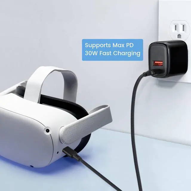 Alt view image 2 of 6 - PD30W USB C Fast Charger for Meta Quest 3S, 3, 2 VR Headsets, Black | Dual Port USB + Type C Adapter with 6.6ft Braided C to C Charging Cable for Oculus Quest VR Headsets
