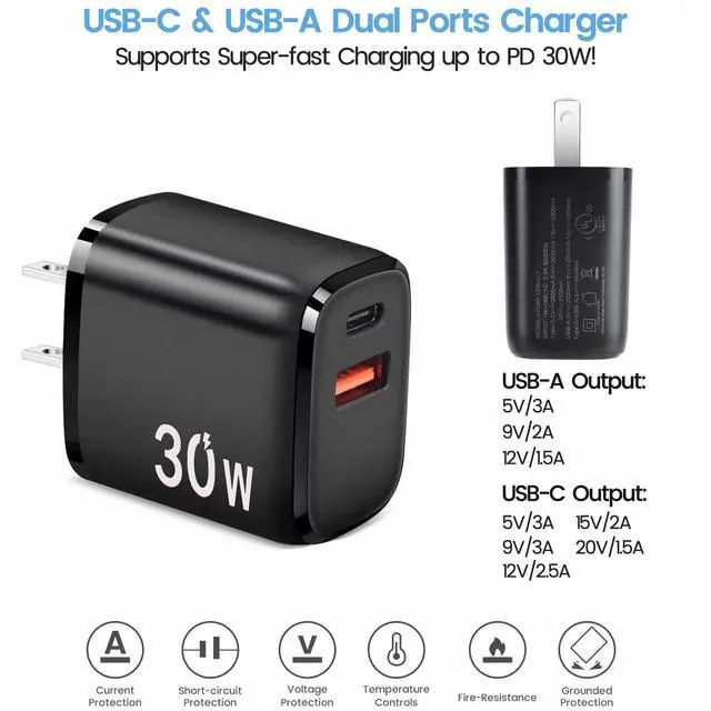 Alt view image 4 of 6 - PD30W USB C Fast Charger for Meta Quest 3S, 3, 2 VR Headsets, Black | Dual Port USB + Type C Adapter with 6.6ft Braided C to C Charging Cable for Oculus Quest VR Headsets