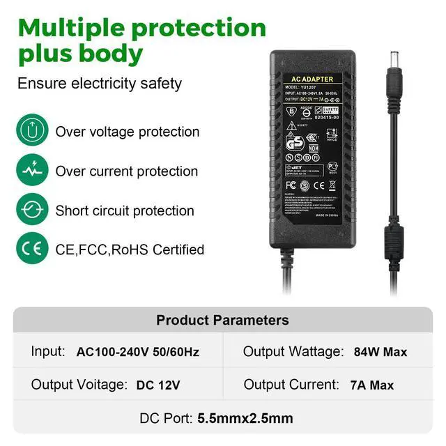 Alt view image 4 of 7 - LeTaoXing 12V 7A Power Supply, AC 100-240V to DC 12V 7A Adapter, 5.5x2.5mm Barrel Connector, Compatible with LED Strip Lights, LCD Monitor, CCTV Cameras