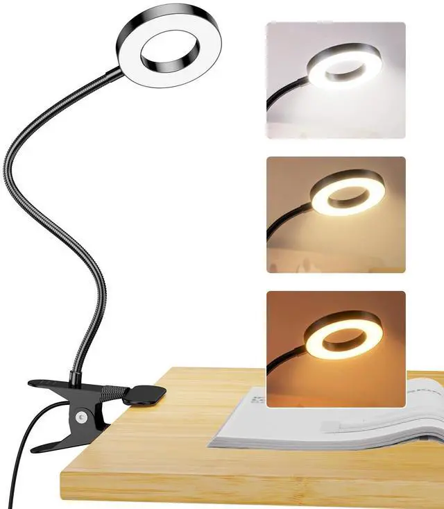Main image of LINTYLE Clip on Light 5W Desk Lamp, Eye Caring Reading Light for Bed | 3 Colors & 6 Brightness, 48 LED Beads, 360° Flexible Metal Gooseneck,Black