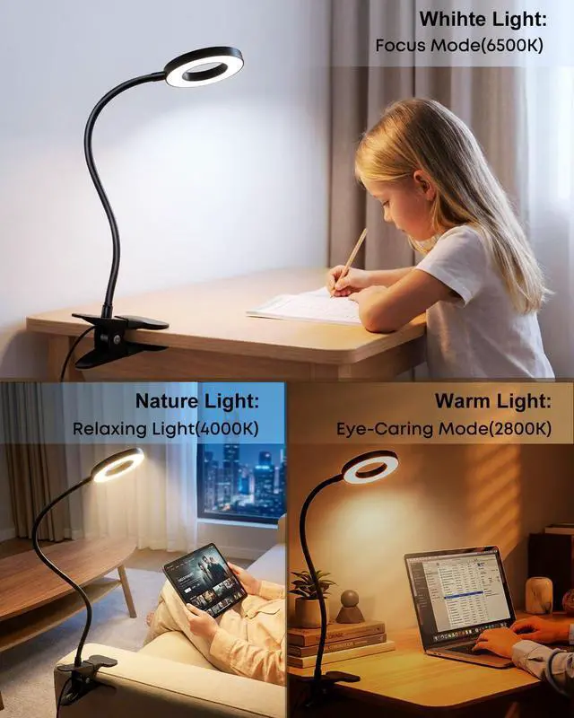 Alt view image 2 of 7 - LINTYLE Clip on Light 5W Desk Lamp, Eye Caring Reading Light for Bed | 3 Colors & 6 Brightness, 48 LED Beads, 360° Flexible Metal Gooseneck,Black