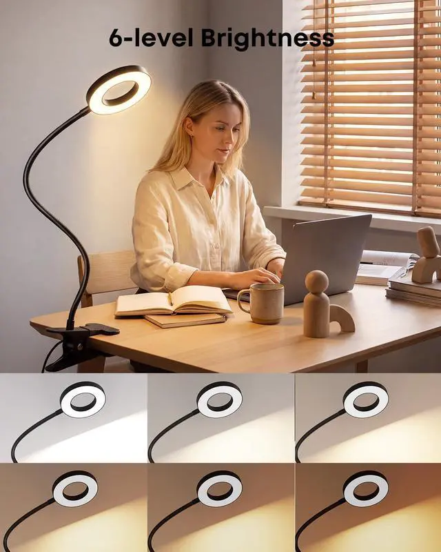Alt view image 3 of 7 - LINTYLE Clip on Light 5W Desk Lamp, Eye Caring Reading Light for Bed | 3 Colors & 6 Brightness, 48 LED Beads, 360° Flexible Metal Gooseneck,Black