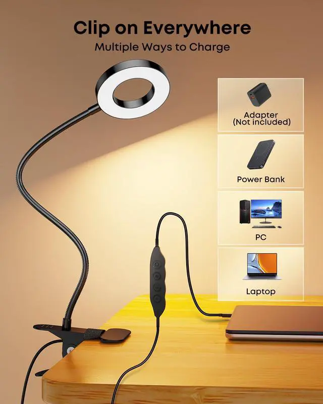 Alt view image 5 of 7 - LINTYLE Clip on Light 5W Desk Lamp, Eye Caring Reading Light for Bed | 3 Colors & 6 Brightness, 48 LED Beads, 360° Flexible Metal Gooseneck,Black