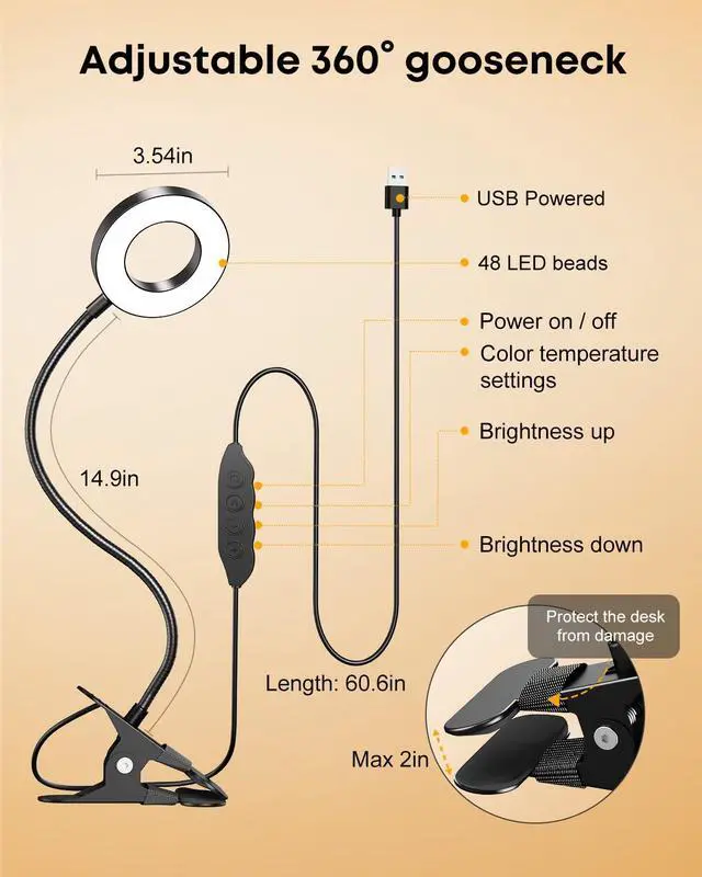 Alt view image 7 of 7 - LINTYLE Clip on Light 5W Desk Lamp, Eye Caring Reading Light for Bed | 3 Colors & 6 Brightness, 48 LED Beads, 360° Flexible Metal Gooseneck,Black