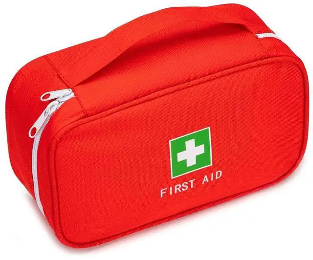 Main image of Jipemtra Red First Aid Bag Empty Travel Rescue Pouch First Responder Storage Medicine Emergency Bag for Car Home Office Kitchen Sport Outdoors (Red with Handle Green Print)