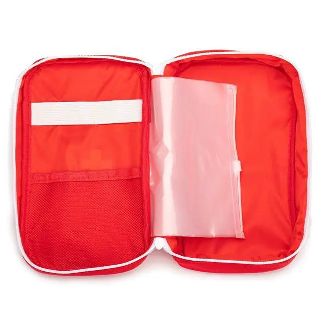 Alt view image 5 of 7 - Jipemtra Red First Aid Bag Empty Travel Rescue Pouch First Responder Storage Medicine Emergency Bag for Car Home Office Kitchen Sport Outdoors (Red with Handle Green Print)