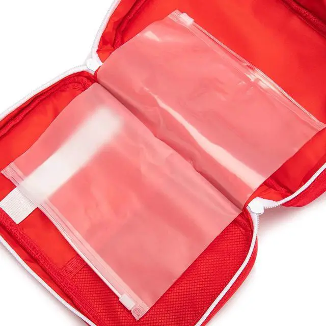 Alt view image 6 of 7 - Jipemtra Red First Aid Bag Empty Travel Rescue Pouch First Responder Storage Medicine Emergency Bag for Car Home Office Kitchen Sport Outdoors (Red with Handle Green Print)