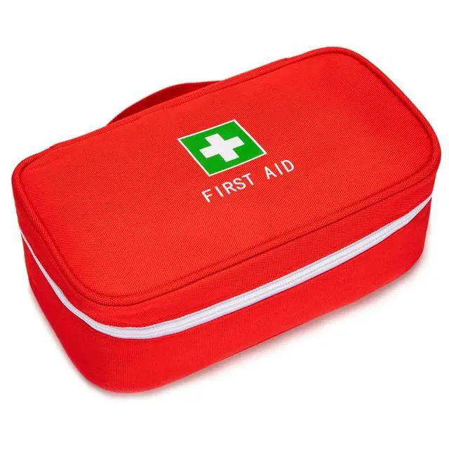 Alt view image 3 of 7 - Jipemtra Red First Aid Bag Empty Travel Rescue Pouch First Responder Storage Medicine Emergency Bag for Car Home Office Kitchen Sport Outdoors (Red with Handle Green Print)