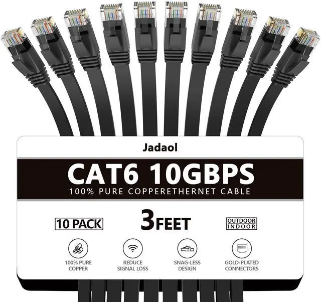 Main image of Cat6/Cat6A Ethernet Cable 3FT 10Pack Flat 10Gbps Network Cable Black | 1FT 3FT 5FT 10FT 15FT 20FT 25FT 30FT 35FT 50FT 60FT 75FT 100FT 150FT 200FT LAN Patch Cable for Router, Modem, Switch,