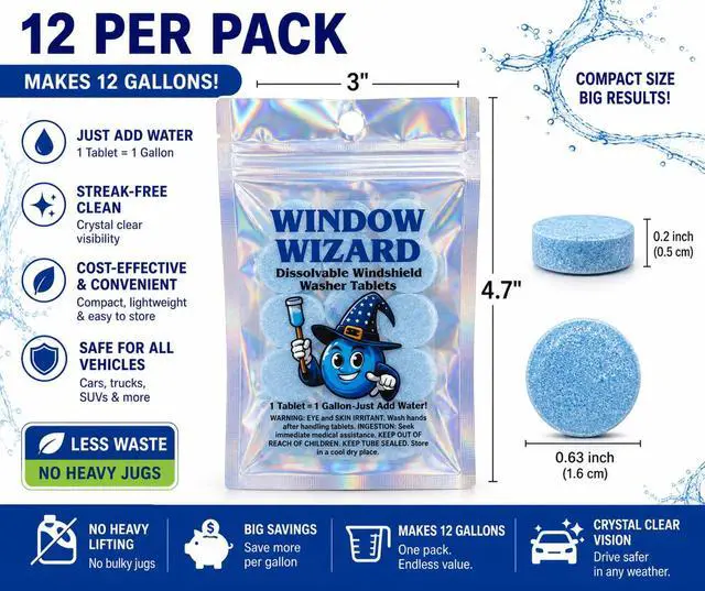 Alt view image 2 of 6 - Window Wizard Windshield Washer Tablets Concentrated Windshield Cleaner for Cars, Streak-Free Glass Cleaning Tablets, Easy-Mix Formula, Eco-Friendly 12 Pack