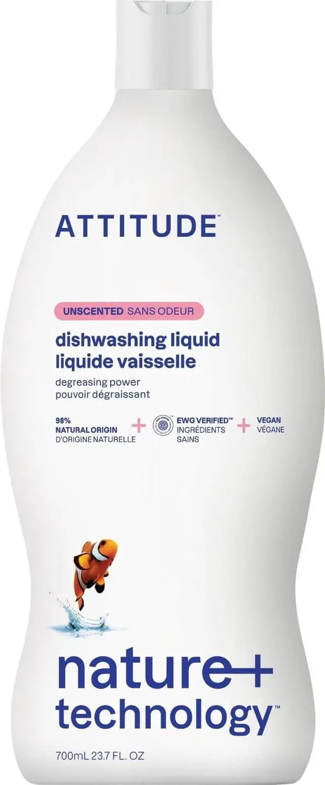 Main image of ATTITUDE Dish Soap, EWG Verified, Plant-Based & Vegan Dishwashing Liquid, Naturally Derived, Unscented, 23.7 Fl Oz