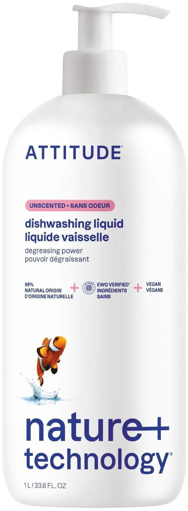 Main image of ATTITUDE Dish Soap, EWG Verified, Plant-Based & Vegan Dishwashing Liquid, Naturally Derived, Unscented, 33.8 Fl Oz