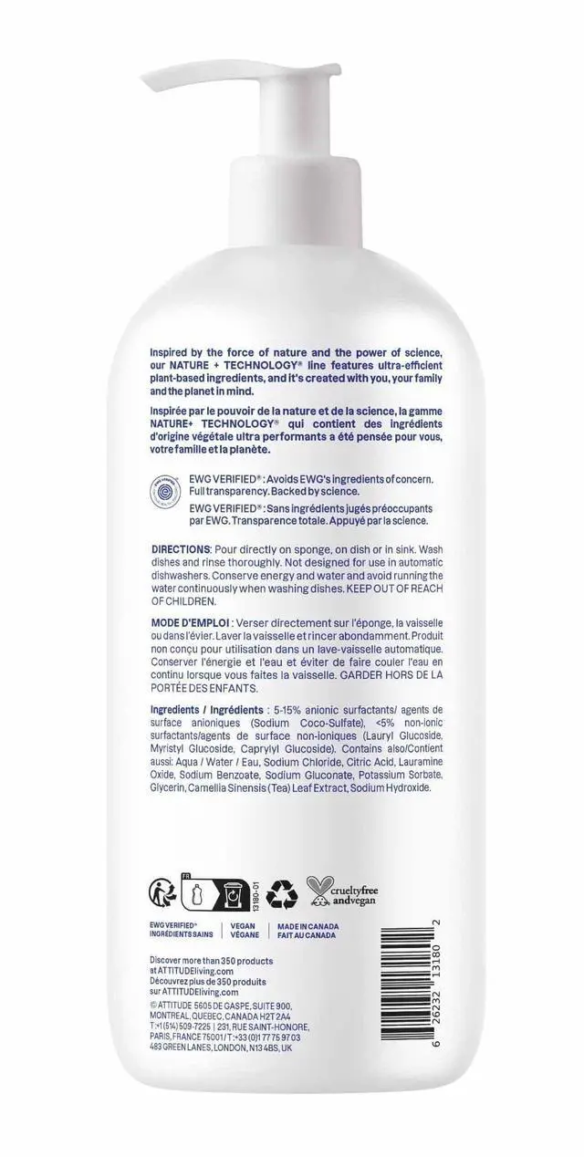Alt view image 7 of 7 - ATTITUDE Dish Soap, EWG Verified, Plant-Based & Vegan Dishwashing Liquid, Naturally Derived, Unscented, 33.8 Fl Oz