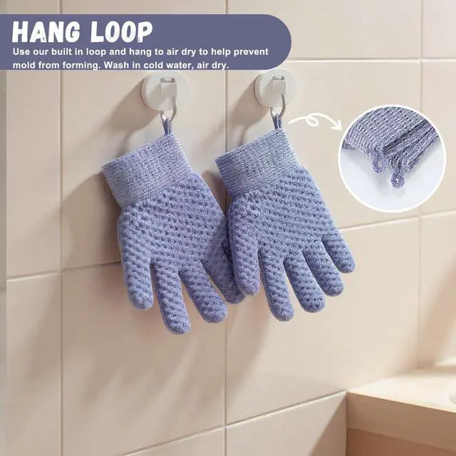 Alt view image 3 of 6 - Exfoliating Dual Texture Bath Gloves for Shower Spa Massage and Body Scrubs, Dead Skin Cell Remover, body scrubber with Hanging Loop