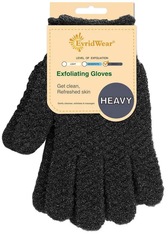 Main image of Evridwear Exfoliating Dual Texture Bath Gloves for Shower, Spa, Massage and Body Scrubs, Dead Skin Cell Remover, Gloves with Hanging Loop (1 Pair Black Heavy Glove)