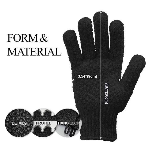 Alt view image 2 of 7 - Evridwear Exfoliating Dual Texture Bath Gloves for Shower, Spa, Massage and Body Scrubs, Dead Skin Cell Remover, Gloves with Hanging Loop (1 Pair Black Heavy Glove)