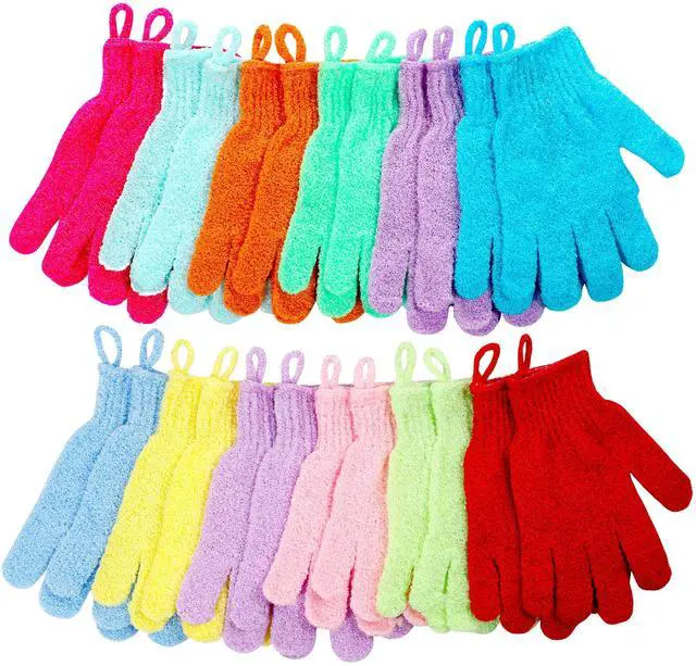 Main image of Shower Gloves 24 Pcs Exfoliating with Hanging Loop, 12 Colors | Body Scrub Gloves for Beauty Spa Massage, Skin Shower Body Scrubber
