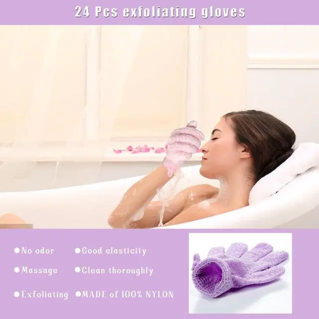 Alt view image 5 of 7 - Shower Gloves 24 Pcs Exfoliating with Hanging Loop, 12 Colors | Body Scrub Gloves for Beauty Spa Massage, Skin Shower Body Scrubber