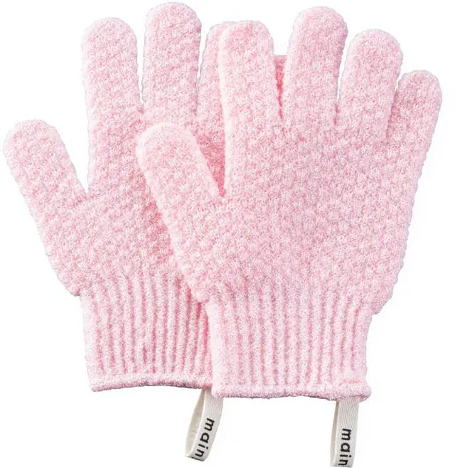 Main image of MainBasics Deep Exfoliating Bath Gloves, Pink, 1 Pair | Heavy-Textured Nylon, Shower Scrub, Dead Skin Removal, Machine Washable