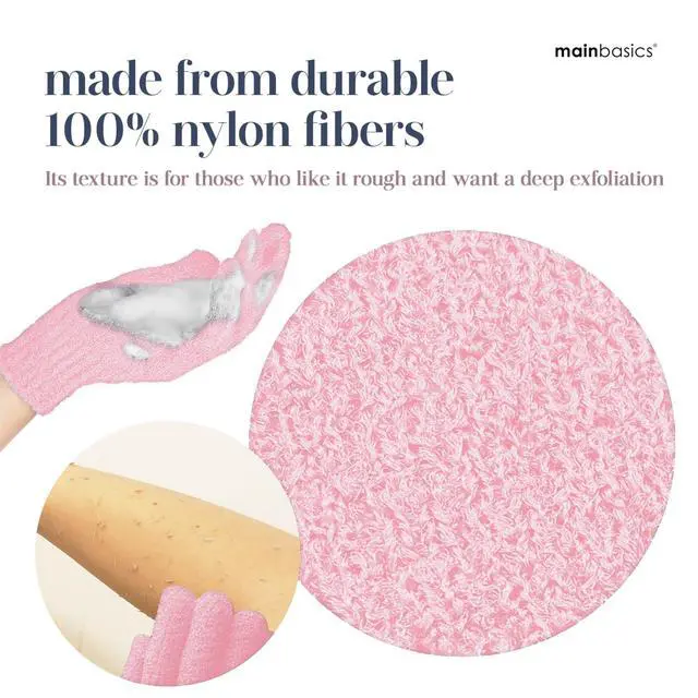 Alt view image 3 of 7 - MainBasics Deep Exfoliating Bath Gloves, Pink, 1 Pair | Heavy-Textured Nylon, Shower Scrub, Dead Skin Removal, Machine Washable