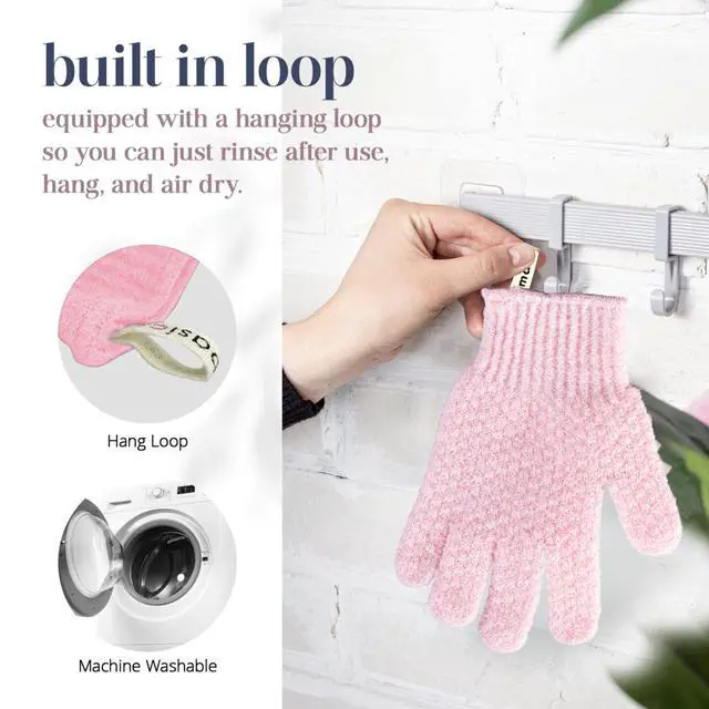 Alt view image 6 of 7 - MainBasics Deep Exfoliating Bath Gloves, Pink, 1 Pair | Heavy-Textured Nylon, Shower Scrub, Dead Skin Removal, Machine Washable