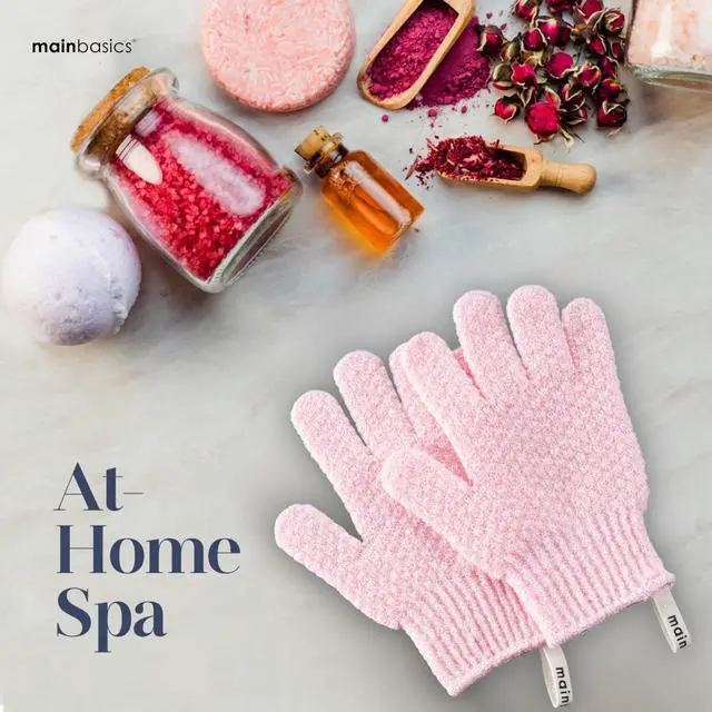 Alt view image 5 of 7 - MainBasics Deep Exfoliating Bath Gloves, Pink, 1 Pair | Heavy-Textured Nylon, Shower Scrub, Dead Skin Removal, Machine Washable