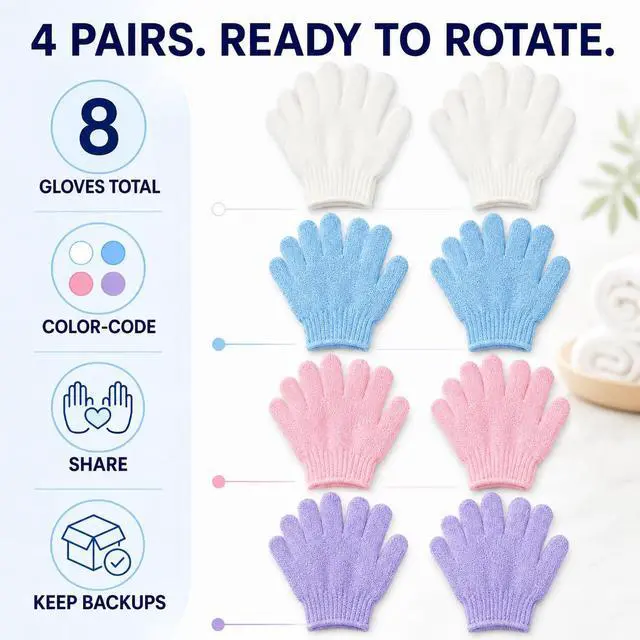 Alt view image 2 of 7 - ATB Exfoliating Gloves 4 Pairs - Body Scrub Bath Mitts for Shower & Self Tanner Prep - Elastic Wash Gloves for Dead Skin Removal, Self-Tan Prep & Smooth Skin, Men & Women (8 Mitts)