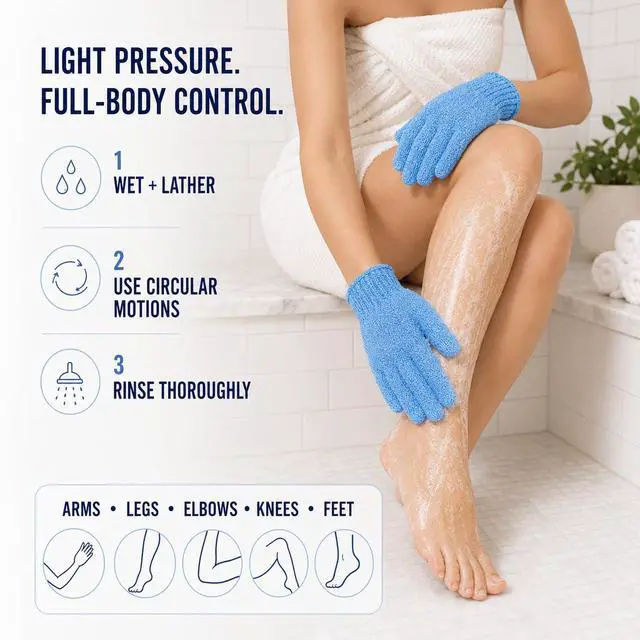 Alt view image 6 of 7 - ATB Exfoliating Gloves 4 Pairs - Body Scrub Bath Mitts for Shower & Self Tanner Prep - Elastic Wash Gloves for Dead Skin Removal, Self-Tan Prep & Smooth Skin, Men & Women (8 Mitts)