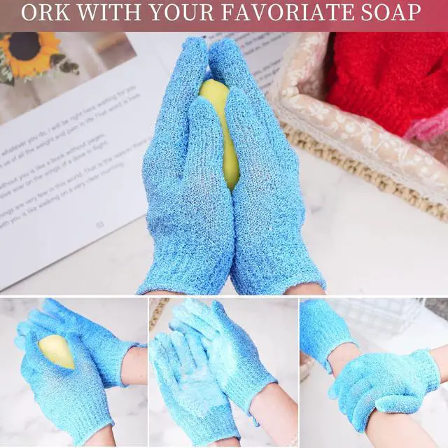 Alt view image 5 of 7 - 4 Pairs Bath Exfoliating Gloves Scrub, Double Sided Bath Mitts Scrubs for Shower, Exfoliating Shower Mitt Body Scrubber Glove, Bathing Accessories for Bath, Spa, MassageYellow, Red, Pink, Light Blue