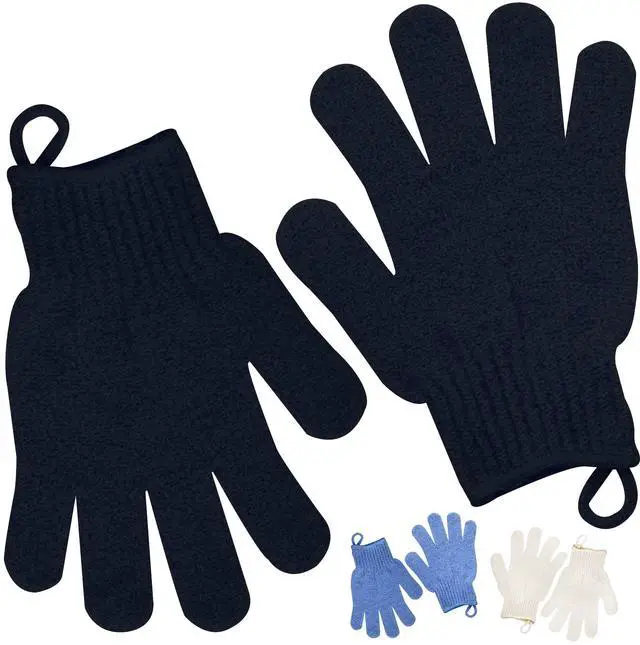 Main image of Meiyante Heavy Exfoliating Shower Gloves with Hanging Loop, Black | Choose classic, heavy, bamboo charcoal or dual-texture bath gloves; stretch-fit pairs with loops for body scrubbing.