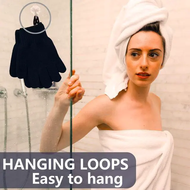 Alt view image 5 of 7 - Meiyante Heavy Exfoliating Shower Gloves with Hanging Loop, Black | Choose classic, heavy, bamboo charcoal or dual-texture bath gloves; stretch-fit pairs with loops for body scrubbing.