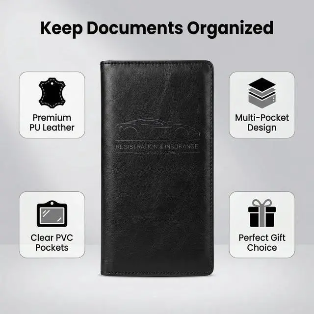 Alt view image 4 of 7 - LumiMokki Premium Car Registration & Insurance Card Holder, Cowhide Black | Vehicle Glove Box Organizer, Magnetic Closure Car Document Holder, For Insurance, Cards, License, Women & Men