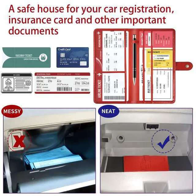 Alt view image 5 of 7 - Car Registration and Insurance Card Holder with Magnetic Closure, Leather Vehicle Glove Box Automobile Documents Paperwork Wallet Case Organizer for ID, Driver's License