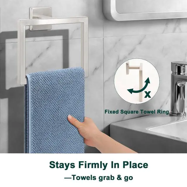 Alt view image 4 of 7 - BathAce Bath Towel Ring, Square SUS304 Stainless Steel Hand Towel Holder for Bathroom, Modern Towel Hanger for Bath, Kitchen, 2-Inch Drill Base, Brushed Nickel