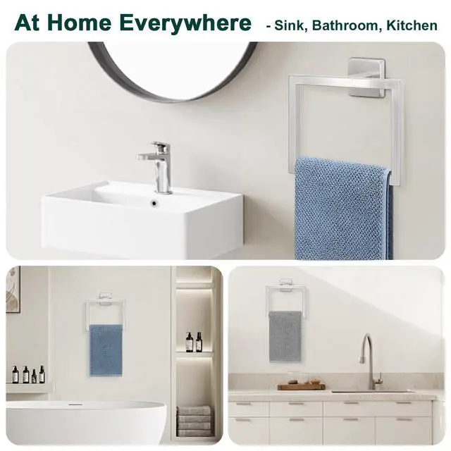 Alt view image 5 of 7 - BathAce Bath Towel Ring, Square SUS304 Stainless Steel Hand Towel Holder for Bathroom, Modern Towel Hanger for Bath, Kitchen, 2-Inch Drill Base, Brushed Nickel