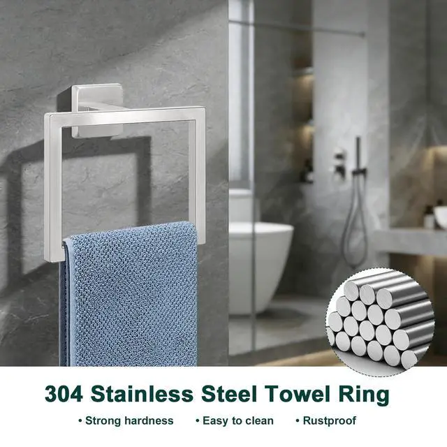 Alt view image 7 of 7 - BathAce Bath Towel Ring, Square SUS304 Stainless Steel Hand Towel Holder for Bathroom, Modern Towel Hanger for Bath, Kitchen, 2-Inch Drill Base, Brushed Nickel