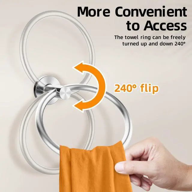 Alt view image 4 of 7 - Brushed Silver Towel Ring 2Pack, SUS304 Stainless Steel Hand Towel Holder for Bathroom Kitchen, Modern Style Towel Hanger, Thicken Ring Towel Holder, Towel Rack Round Wall Mounted (2, Brushed Silver)